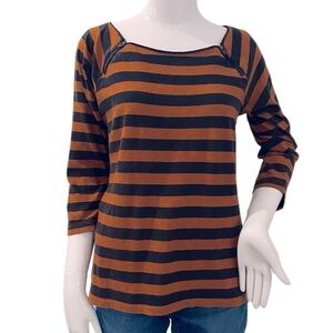 ⭐️ J. Crew navy & orange striped 3/4 sleeve top Size Medium